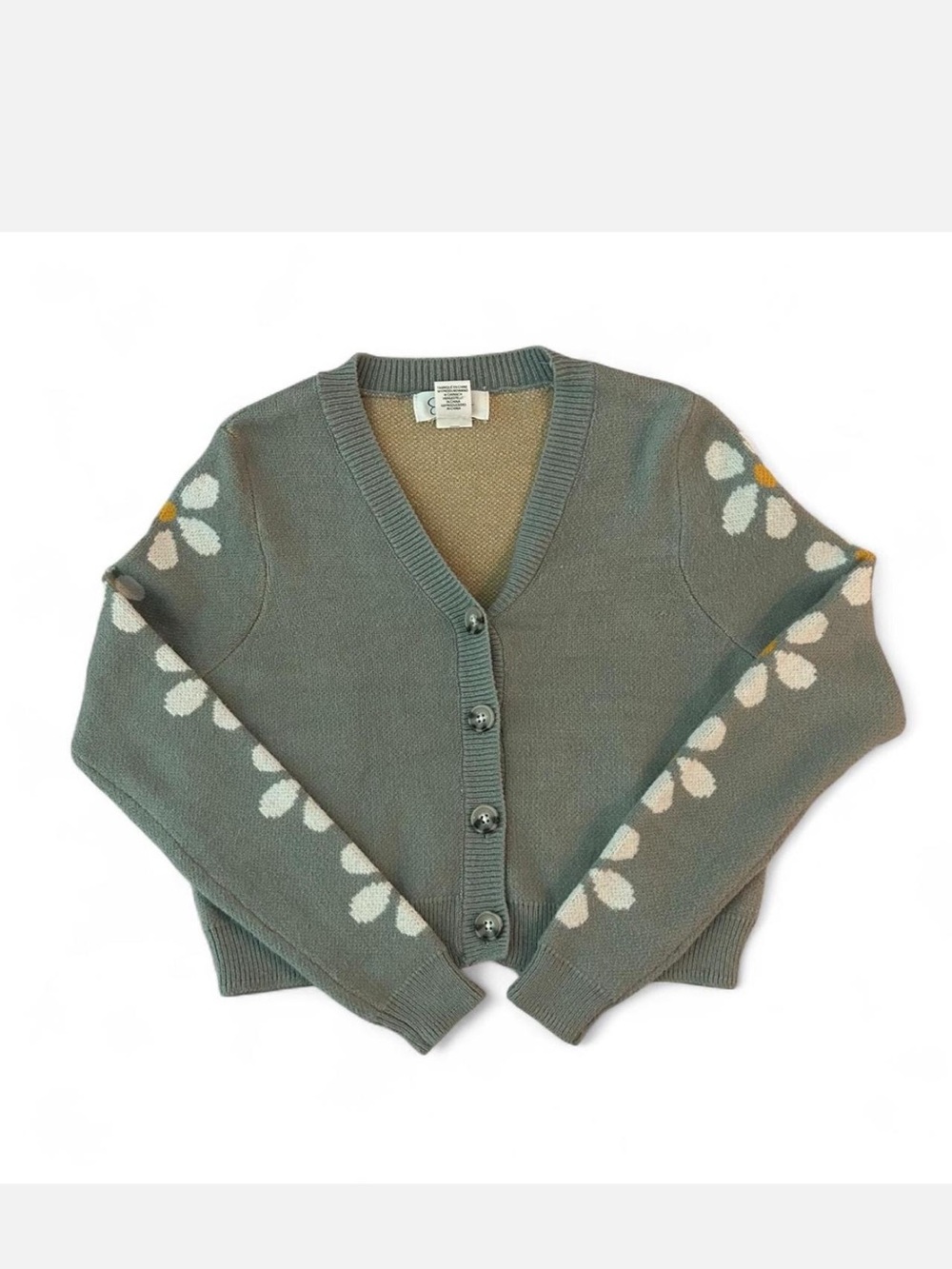 Jessica Simpson Cropped Cardigan Light Green Daisy Sleeve Retro Y2K Knit SIZE XS